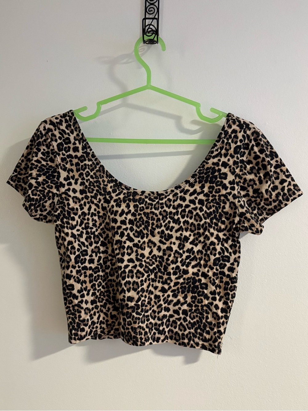 Leopard Print Scoop Neck Crop Top - Beige/Black